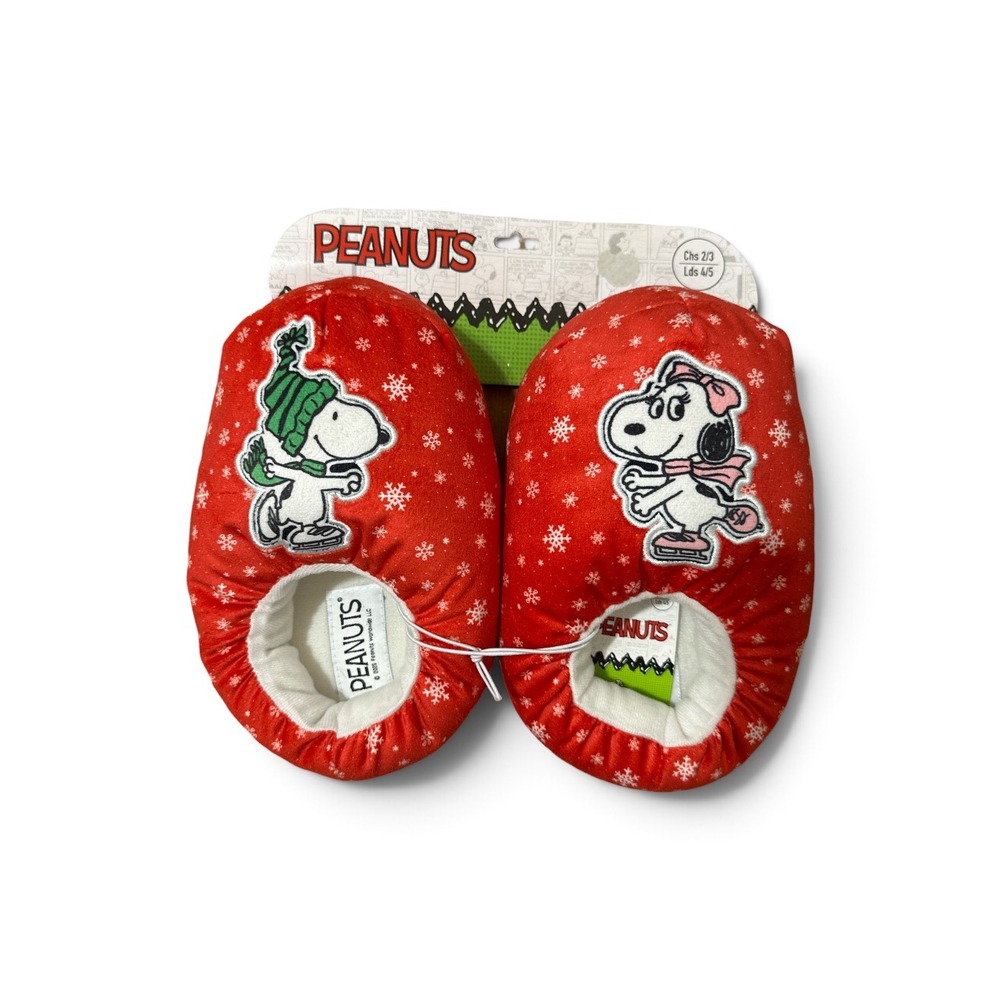 Peanuts Snoopy Belle Christmas Slippers Kids 2/3 Red Snowflake Holiday Shoe